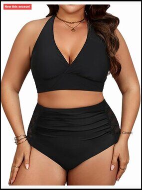 Plus Size Halter Bikini Set with Tummy Control High Waisted Swimwear